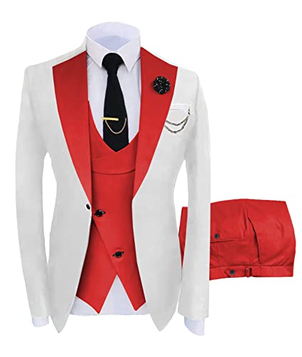 Men's Suits Slim Fit 3 Pieces Notch Lapel Formal Groomsmen Tuxedos for Wedding (Blazer+Vest+Pant)(White-Red,42)